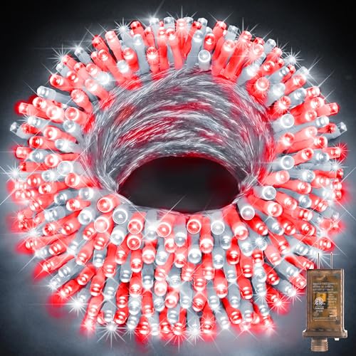 KNONEW 403ft 1000 LED Christmas String Lights Outdoor 8 Modes & Timer Fairy Light Plug in Waterproof for Xmas Yard Tree Wedding Party Holiday Decorations (Red and White) - color: White and Red, size: 403FT 1000 LED