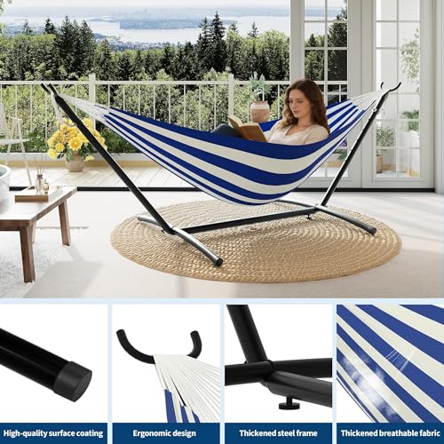Double Hammock with Stand, 450lbs Capacity Heavy-Duty Steel Frame, Portable Space-Saving Design with Carry Bag for Indoor & Outdoor Use, Blue&White - color: Blue White Stripes