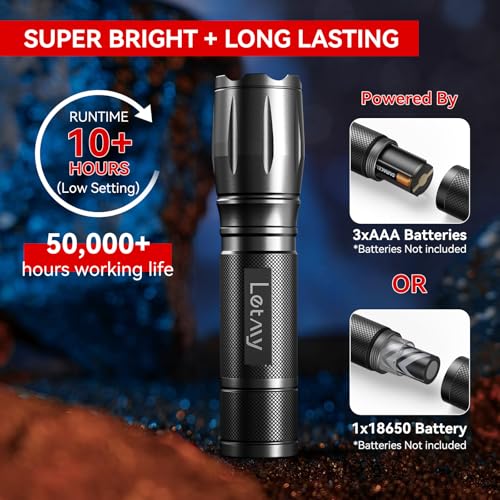 LETMY Tactical Flashlight S2000-2 Pack Bright Military Grade LED Flashlights High Lumens - Portable Handheld Flash Light, 5 Modes Zoomable Waterproof Flashlights for Home Emergency Camping Outdoor - color: Black, size: 2 Pack