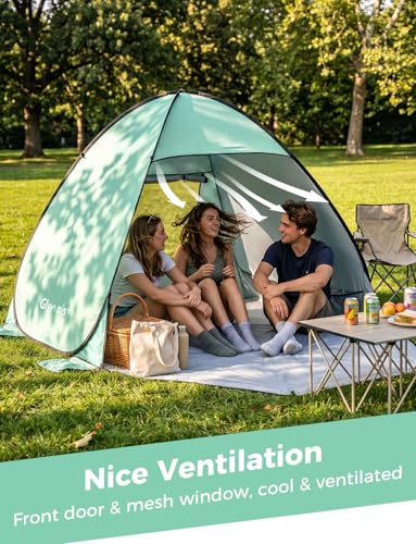 Glymnis Pop Up Beach Tent Beach Shade Tent for 1-4 Persons Sun Shelter UPF 50+ Enclose Zipper Door Portable Easy Up Beach Tent - style: Green for 3-4 Person