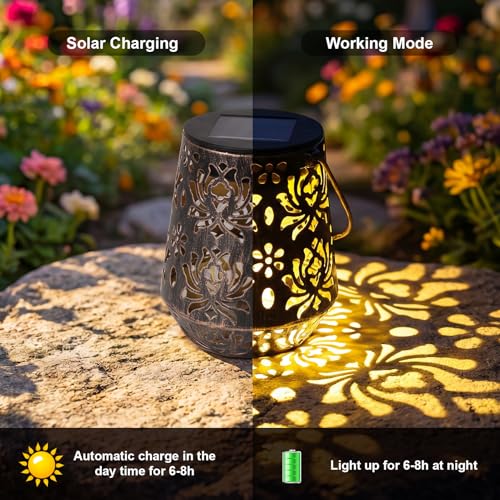 Edenseelake 2 Pack Solar Hanging Lanterns Outdoor Waterproof, Metal Flower Solar Lights, Decorative LED Lantern for Garden, Patio, Porch, Yard, Lawn, Bronze - color: Chrysanth, size: 2 packs