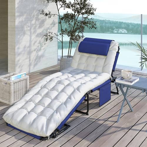 Outsunny Folding Chaise Lounge with 4-Level Reclining Back, Outdoor Tanning Chair with Cushion, Outdoor Lounge Chair with Breathable Mesh Fabric, Side Pocket, Headrest, Navy Blue - color: Navy Blue
