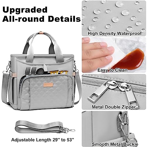 AIJIEKE Extra Large Lunch Bag for Women & Men, Insulated Leakproof Lunch Box for Work, Reusable Adult Lunch Tote with Shoulder Strap, Multi-Pocket Cooler Bag for Office, Picnic, Beach, Grey - color: Gray