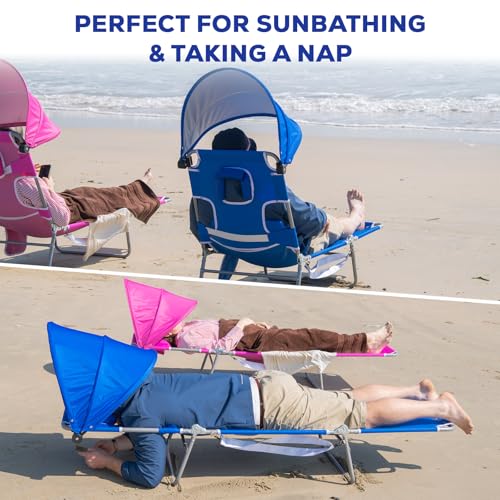 Romswi 2PK Folding Tanning Beach Chair with Face Hole & Canopy Shade, 5-Position Reclining Sun Lounger, Portable Face Down Tanning Chair with Arm Holes & Side Pocket for Beach, Pool & Patio,Royal Blue - color: Royal Blue With Sunshade, size: 2pcs