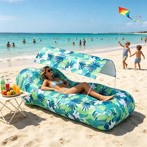 Inflatable Air Lounger with Sun Shade - Camping Air Sofa, No-Pump Blow Up Couch for Outdoor, Portable-Air Hammock, Lightweight Waterproof Fabric for Hiking Picnic Vacation Backyard Seaside - color: Green