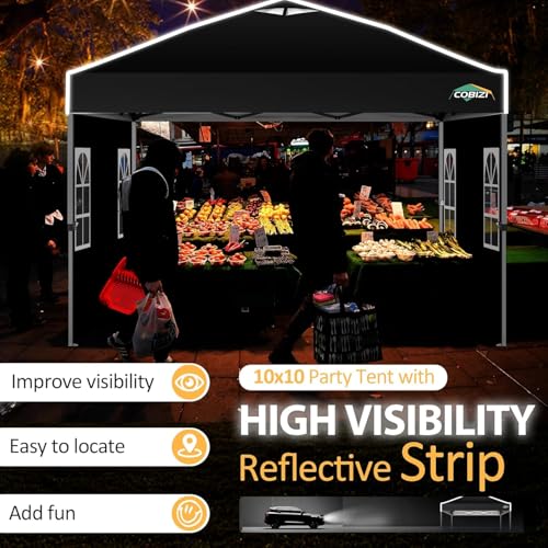 COBIZI 10x10 Pop up Canopy Tent with Sidewalls,One Push Setup Tent for Parties, Waterproof & UV 50+ Outdoor Commercial Gazebo with Air Vent, Reflective Strip,4 Sandbags for Garden, Beach,Black - color: Black(1-year warranty), size: 10x10