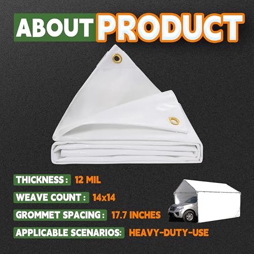 12 Mil Heavy Duty White Tarps 8' X 20', Extra Thick,Durable,Waterproof, UV Resistant, Weatherproof Poly Tarp,with Metal Grommets and Reinforced Edge (Finished Size)-by Raindeway - color: White, size: 8x20 Feet-Finished size