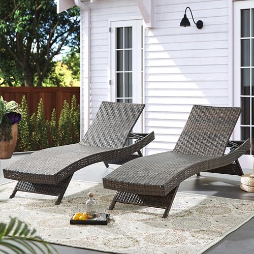 79'' Long Reclining Chaise Lounge Set (Set of 2), Outdoor Wicker Reclining Lounge Chair Patio Rattan Double Chaise Lounge Lawn Sunbathing Chairs Beach Pool Backrest Recliners (Set of 2) - color: 2 Chairs