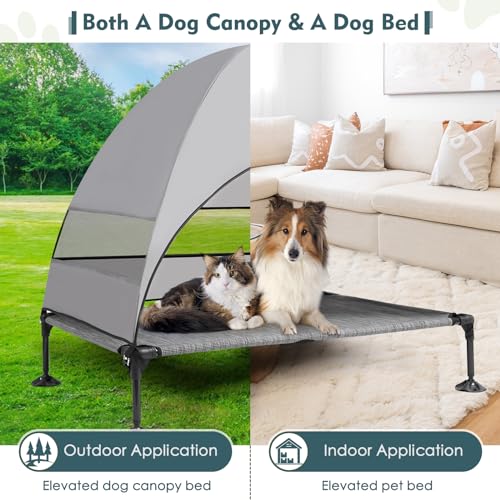 Upgraded Elevated Dog Bed with Canopy, Portable Raised Outdoor Dog Bed with Stable Anti-Slip Feet, Wider Shade Pet Bed Cot, Raised Dog Beds for Large Dogs Camping, Indoor & Outdoor Use - color: Dog Canopy-Black & Grey, size: 50.0"L x 32.0"W x 42.5"Th