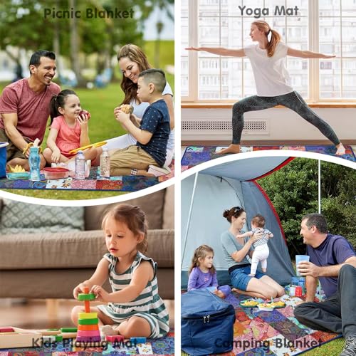 Supfitness Extra Large Picnic Blankets Waterproof Foldable (80 "x 80") Beach Blanket Waterproof Sandproof,3-Layer Thicking Mat Outdoor Packable Camping Blanket - color: Flower-4, size: 6'8" x 6'8" (Square)