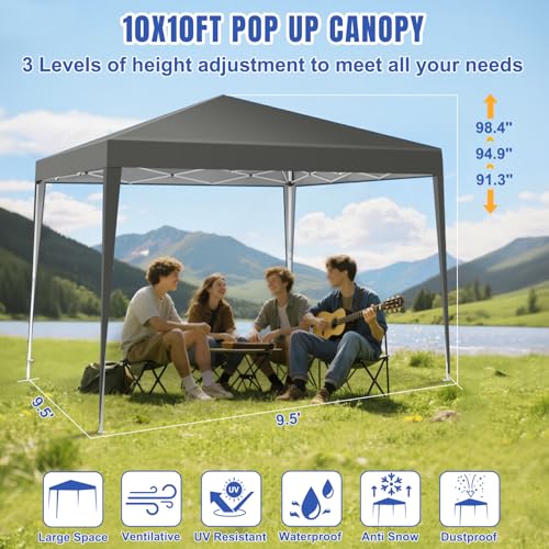 Yesker 10x10 Pop Up Canopy Tent UPF 50+ Waterproof Outdoor Canopy Portable Folding Easy Setup Gazebo Adjustable Height Instant Sun Shade Tent with Wheeled Bag for Events Parties Camping Patio, Gray - size: 10x10FT Gray
