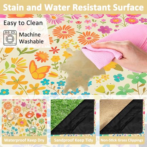 Floral Picnic Blankets Waterproof Foldable, 80″X80″ Extra Large Picnic Mat Boho Outdoor Blanket for Grass, Cute Packable Beach Blanket Sandproof Picnic Accessories for Camping Music Festival Park Lawn - color: B02, size: 6'8" X 6'8" (Square)