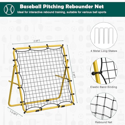 LIANTRAL Baseball Rebounder Net, Adjustable Bounce Back Trainer for Soccer, Volleyball, Softball & Lacrosse, Portable Folding Rebounder for Passing & Shooting Practice, Volleyball Rebound Net - color: Yellow, size: 2.6FTx2.9FT