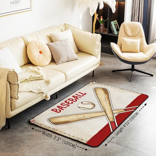 Erosebridal Baseball Area Rug for Kids Boys Girls,Vintage Ball Game Living Room Rugs 3x5,Baseball Bat Rug for Bedside,Red Yellow Sports Game Accent Rug Set Non Shedding - color: Color 05, size: 4'11" x 3'3" (Rectangular)