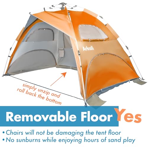 Beach Tent for Family with Kids Pop Up Beach Sun Shade Tent with UPF 50+ UV Protection, Removable Floor Zippered Privacy & Ventilation Sun Shelter Family 3 to 4 Person - color: Orange