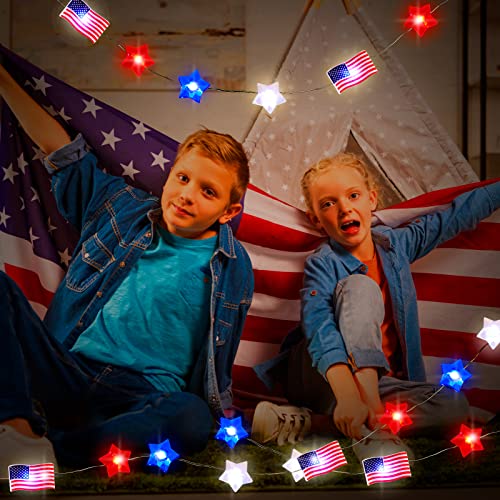 Zhanmai 2 Pcs 4th of July Decorations Lights Red White Blue String Lights 10ft 30 LED Patriotic Stars American Flag Battery Operated Decor for Fourth of July Independence Day, Star Flag - style: Star, Flag