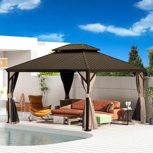 Domi 12' X 14' Hardtop Gazebo, Upgraded Metal Gazebo with Drainage System, Dual-Layer Galvanized Steel Roof, Curtain and Netting, Outdoor Shelter Canopy for Patio, Garden, and Backyard, Brown - color: Brown, size: 12'x14'/w gutter