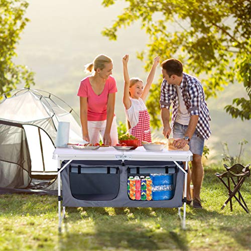 Folding Camping Table with Storage Aluminum Lightweight Camp Table Height Adjustable Picnic Tables for Outdoors Portable Foldable Beach Table Perfect for Tailgating, Travel, Backyards, BBQ, Party - color: White Standard