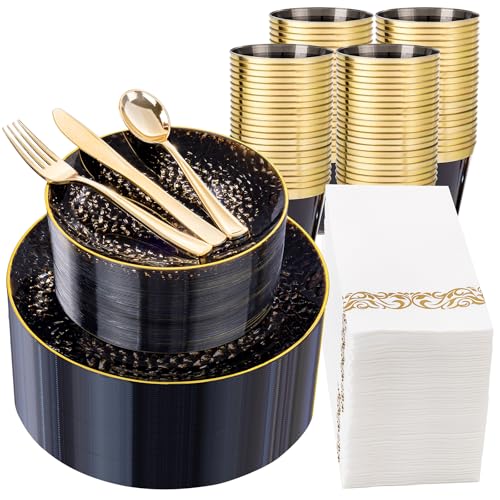 DaYammi 350PCS Clear Black and Gold Plastic Dinnerware Set for Party, Hammered Disposable Plates for Party, Include: 50 Dinner Plates, 50 Dessert Plates 150 Gold Silverware 50 Napkins 50 Cups - color: Clear Black, size: 350 Pcs