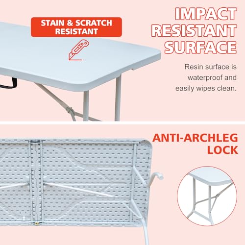 Portable 6Ft Folding Table, Heavy Duty Fold-in-Half Utility Foldable Dining Table, Multi-Purpose Plastic Folding Table with Carrying Handle for Camping and Party Indoor/Outdoor (White) - color: White, size: 6Ft
