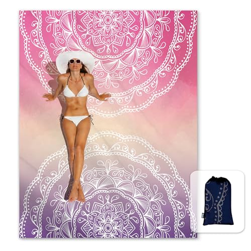 Sunlit Silky Soft Sand Proof Beach Blanket 106"x81" / 85"x72" Sand Proof Mat with Corner Pockets and Mesh Bag for Beach Party, Travel, Camping and Outdoor Music Festival, Mandala - color: Purple Red, size: 106"x81"