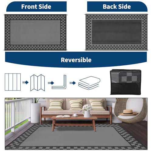 Waterproof Outdoor Rug 8x10 ft UV Resistant Portable Plastic Straw Rugs with Carry Bag & Stakes, Reversible Geometric Hose-cleanable Lightweight Carpet for RV Camping Beach Picnic Black Grey - color: Border1|black Grey, size: 8' x 10' (Rectangular)