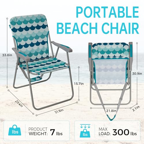 #WEJOY Folding Beach Chair for Adults, Lightweight Beach Chair with Shoulder Straps, High Back Camping Chairs with Hard Armrest, Supports 300lbs for Outdoor Lawn Concert - color: #C 1 Pack Cyan Blue, style: Classic