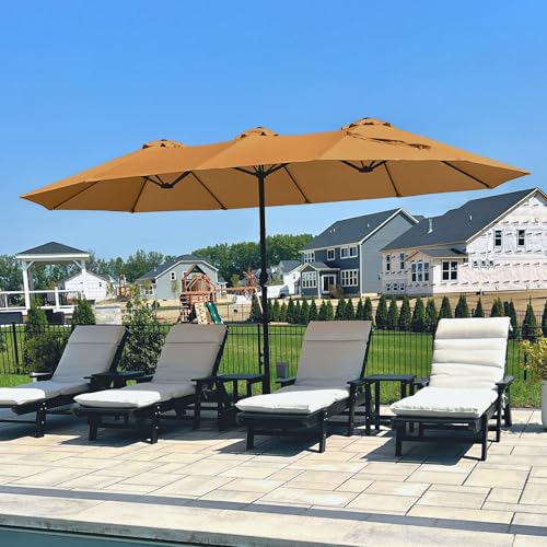 PHI VILLA 15ft Large Patio Umbrellas with Base, Outdoor Double-Sided Rectangle Market Umbrella for Pool Lawn Garden, Tawny - color: Tawny