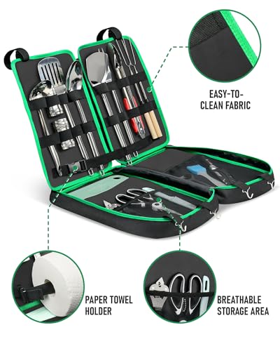 FANGSUN Camping Cooking Utensils, 16 PCS Portable Camping Kitchen Set with Grill Accessories, Camp Gifts for Men Dad, New Year‘s Presents for RV, Hiking, Picnic, Backpacking - color: Green-16Pcs