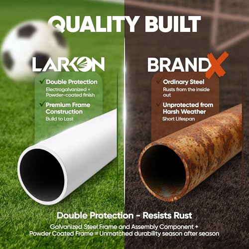 Soccer Goal 12×6 – Larkon – Backyard, Training and Tournament Size – Durable Rust-Free Guarantee Steel Frame for Kids and Adults – with Net, Cones, Storage Bag, Stakes and Easy Assembly