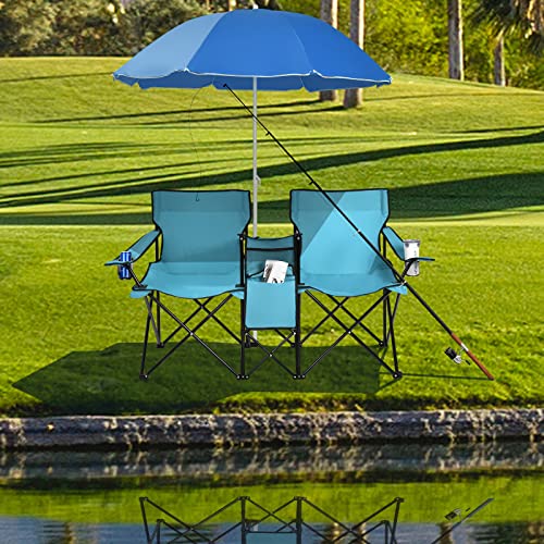 Goplus Double Camping Chair with Umbrella, Folding Loveseat Chairs w/Canopy Shade, Carrying Bag, Table, Cup Holder, Portable Beach Chairs Outdoor Picnic Patio (Turquoise) - color: Turquoise