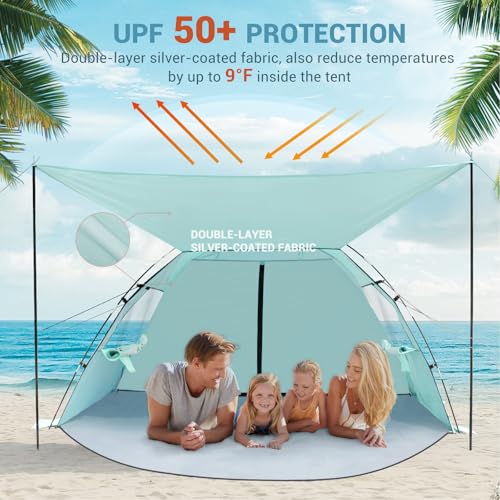Elegear CumbreX™ Beach Tent Sun Shelter with Canopy, 4-5 Person Pop Up Beach Tent, Easy Setup UPF 50+ UV Protection Portable Lightweight Double Silver Coating Cabana Sun Shade Shelter - Green - color: Green, size: 4-5 Person