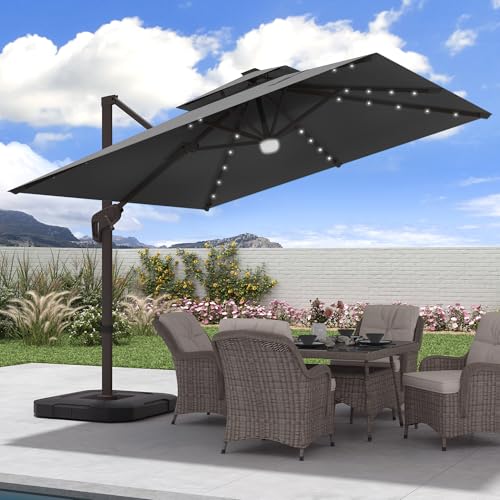JZAC & QZYD 9x9 FT Outdoor Cantilever Patio Umbrella with Base Included and Solar LED Lights, Large Heavy Duty 2-Tier Square Aluminum Offset Umbrellas with 360-Degree Rotation for Pool Deck, Grey - color: Grey, size: 9'×9' - Weighted Base Included