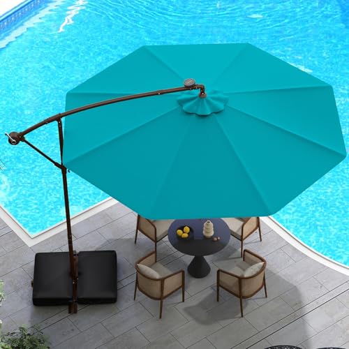 Tangkula 10FT Offset Patio Umbrella with Base Included, Outdoor Cantilever Umbrella with 40 Solar LED Lights, Tilt Adjustment, Crank Handle, Vented Top, Sand Bags for Pool Yard Deck (Turquoise) - color: Turquoise