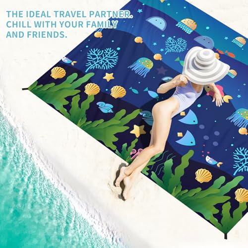 Beach Blanket 78''×110'' Suits 1-7 Adults Waterproof Sandproof Oversized Lightweight Blanket Packable Large Picnic Mat for Beach Travel Camping Picnic Hiking - color: Undersea, size: 78''x110''