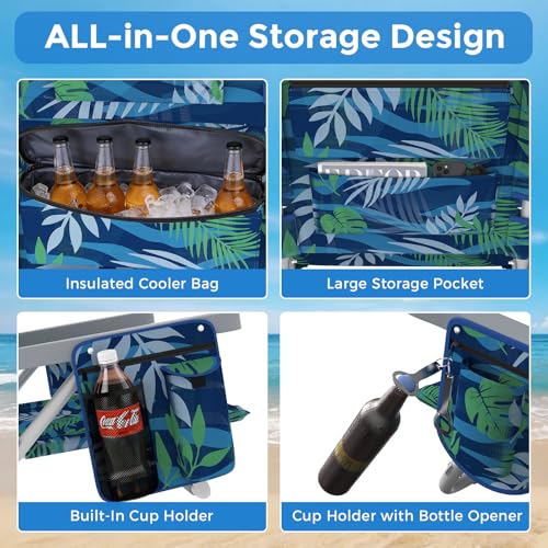 5-Position Backpack Beach Chair for Adults with Lumbar, Foldable Tall Heavy-Duty Beach Chairs with Cooler Bag,Cup Holder,Towel Rack for Beach, Camping, Outdoor (1, Blue&Green) - color: Blue&green, size: 1 pack