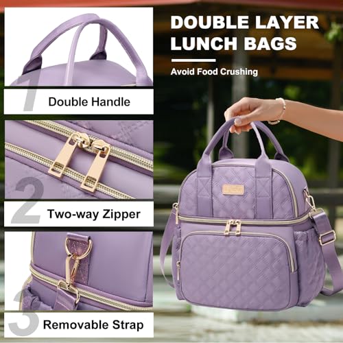 AIJIEKE Large Insulated Lunch Bag for Women, Double Compartment Leakproof Lunch Box for Work Office, Reusable Cooler Tote with Adjustable Strap & Side Pockets for Adults Picnic Beach, Purple - color: Purple