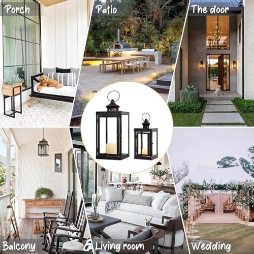 Large Lantern Decorative Outdoor & Indoor, Set of 2 (14’’&10’’) Metal Candle Lanterns Decor, Vintage Hanging Candle Holder for Front Porch Patio Wedding Farmhouse Home, Spring Decoration - color: Black / 14.6''h+9.8''h
