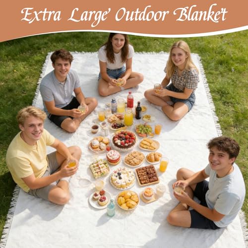 YEXEXINM Extra Large Outdoor Picnic Blanket 118" x 71" Oversize Woven Cotton Yarn Beach Blanket with Fringe, Machine Washable Portable Blanket for Camping, Beach, Park, Fits 6 to 9 Adults (White)