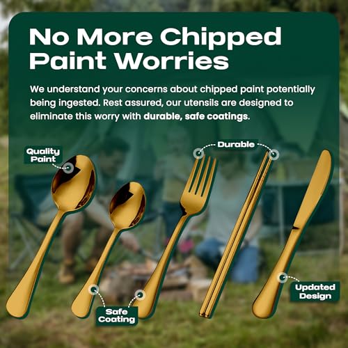 Taplord Portable Travel Silverware Set With Case, Includes 5 Pcs of Travel Utensils With Case, Stainless Steel Flatware Set For Camping, Easy to Travel, Lightweight (Gold) - color: Gold, size: 5 Pieces