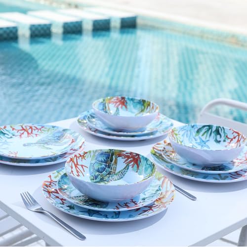 12-Piece Melamine Turtle Dinnerware Set, Ocean Plates and Bowls Sets, Indoor Outdoor Dish Sets for 4, Unbreakable Lightweight Tableware Set - Turtle - color: Blue Turtle