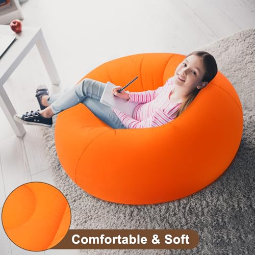Lunmon 2 Pcs Small Bean Bag Chair Inflatable Chair Blow up Games Sofa Foldable Flocking Inflatable Lazy Sofa Portable Blow up Lounger for Living Room Bedroom (Orange,Rose Red) - color: Orange, Rose Red