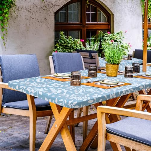 misaya Rectangle Vinyl Tablecloth, Fitted Table Cover, 100% Waterproof, Elastic Edge, Flannel Backing, Plastic Table Cloth Fit 6 Foot Folding Tables for Picnic, Camping (Blue Leaves, 30x72 inch) - color: Baby Blue, size: 72" x 30" (Rectangular)