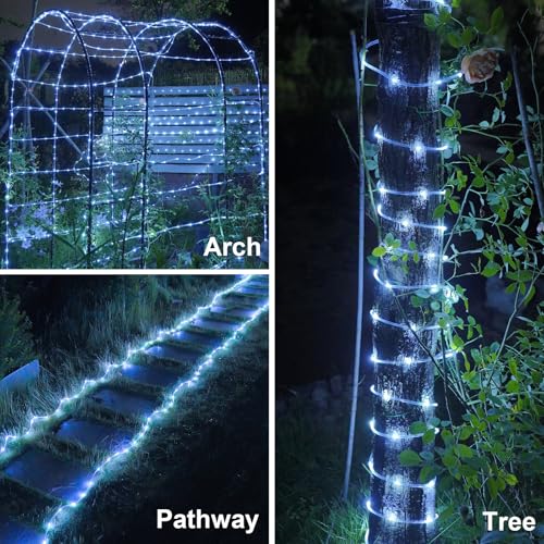 YEGUO Solar Rope Lights Outdoor Waterproof, 66ft 200 LED White String Lights, 8 Modes Fairy Lights in Clear Thin Tube - color: White