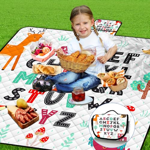 Poedist Extra Large Picnic Blanket Waterproof,80"x 80"Foldable Machine Washable Beach Blanket,Outdoor Blanket for 6-8 Adults,Suitable for Indoor Crawling,Park Beach,Camping,Hiking,Family Travel(ABC) - color: White Abc Letters, size: 6'8" x 6'8" (Square)