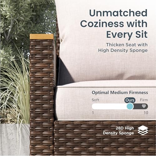 PHI VILLA Half Moon Patio Furniture Set with 56" Fire Pit Table, Outdoor Curved Wicker Sectional Sofa with Cushions and Ottomans, Beige - color: Beige+fire Pit, size: 5 Seats - Half Moon