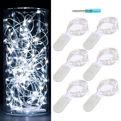 6 Pack Fairy Lights Battery Operated No Remote Waterproof Firefly Lights LED Starry String Lights 20 LEDs 7ft Silvery Copper Wire for Wedding Party Bedroom Patio Christmas Decor Cool White - color: Cool White, size: 7ft