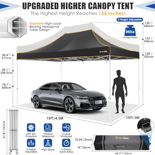 HOTEEL 10x15 Heavy Duty Pop Up Canopy Tent for Parties Event Wedding Commercial Instant Canopy Portable Shelter Folding with Roller Bag, Waterproof UV Resistant, Upgraded Thick Hexagonal Legs, Black - color: Black, size: 10x15FT (No Walls)