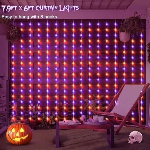 echosari Solar Halloween Curtain Lights Outdoor, 7.9ft x 6ft 144 LED Orange Purple Curtain Lights with 8 Modes Timer Waterproof for Indoor Outdoor Patio Fence Halloween Tree Party Decor - color: Orange & Purple, size: 7.9Ft x 6Ft