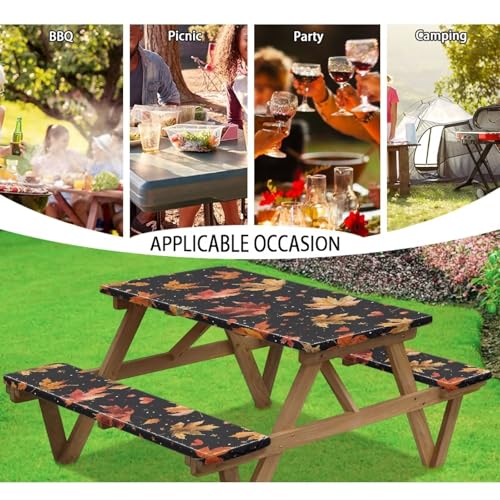 Classic Maple Leaf Elastic Fitted Table Cloth for Camping Party Supplies 3 PCS Set Thanksgiving Outdoor Picnic Table Cover with Bench Covers - color: Classic Maple Leafs, size: Small